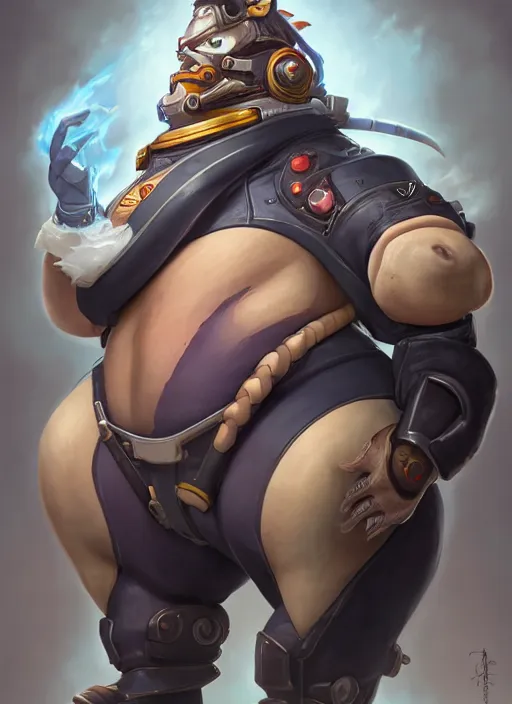 Image similar to character portrait of a fusion of Roadhog from Overwatch and Moira from Overwatch by ArtGerm and Tom Bagshaw, 4k, highly detailed, cinematic lighting, characters merged