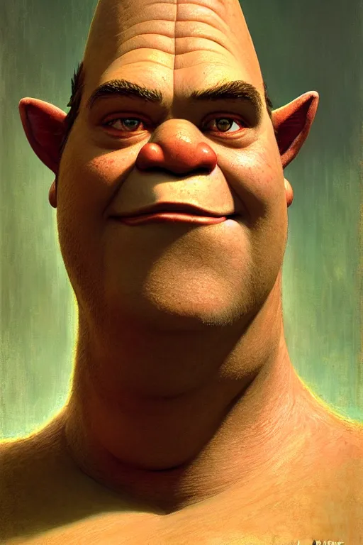 Image similar to a half body portrait of shrek, high detail, cleary see face, by gaston bussiere, bayard wu, greg rutkowski, devine, odd nerdrum, maxim verehin, dan dos santos, masterpiece, sharp focus, cinematic lightning