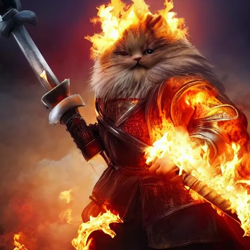 Image similar to god king fluffy in shining armor holding a flaming sword in the middle of a fierce battle