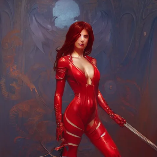 Prompt: portrait of a female demon wearing a skintight red mechanics jumpsuit holding a sword!!, intricate, elegant, highly detailed, digital painting, artstation, concept art, smooth, sharp focus, illustration, art by artgerm and greg rutkowski and alphonse mucha, 8 k