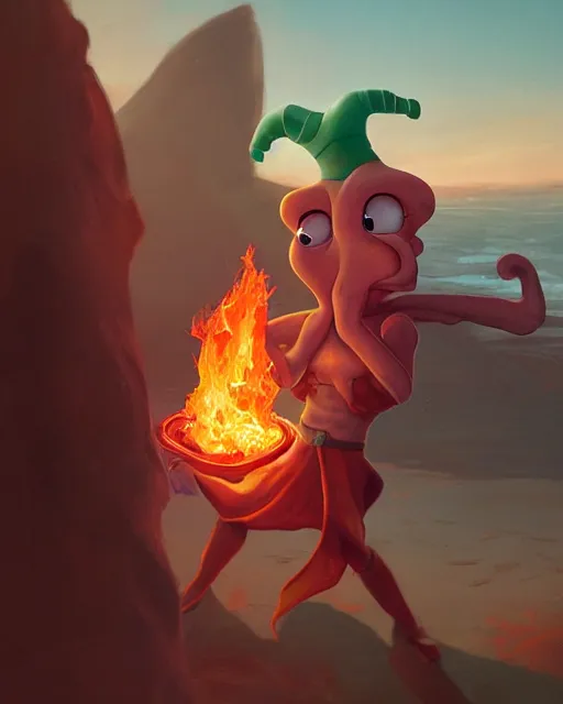 Prompt: wide shot, detailed photorealistic cartoony face, squidward, wearing fire nation clothing and practicing firebending outside at susnset, [ greg rutkowski ]