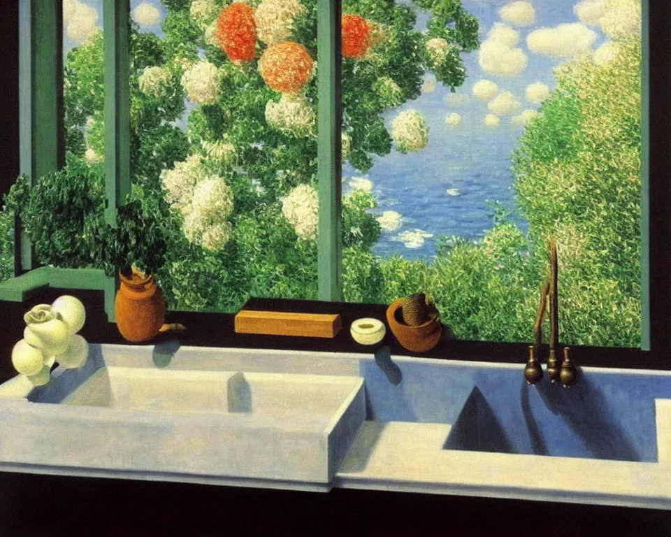 Image similar to achingly beautiful painting of a sophisticated, well - decorated kitchen sink by rene magritte, monet, and turner.