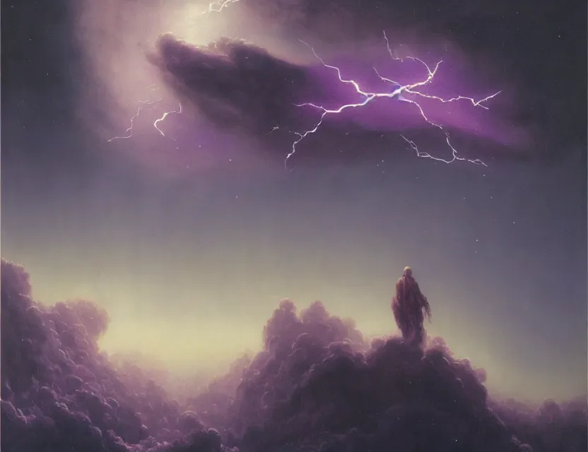 Image similar to a space laces kind of poster of a giant dark - purple lightning across all of the frame. cinematic sci - fi scene and science fiction theme with lightning, aurora lighting. clouds and stars. smoke. futurism. fantasy. by beksinski carl spitzweg and tuomas korpi. baroque elements. oil painting. dramatic. artstation. dark purple