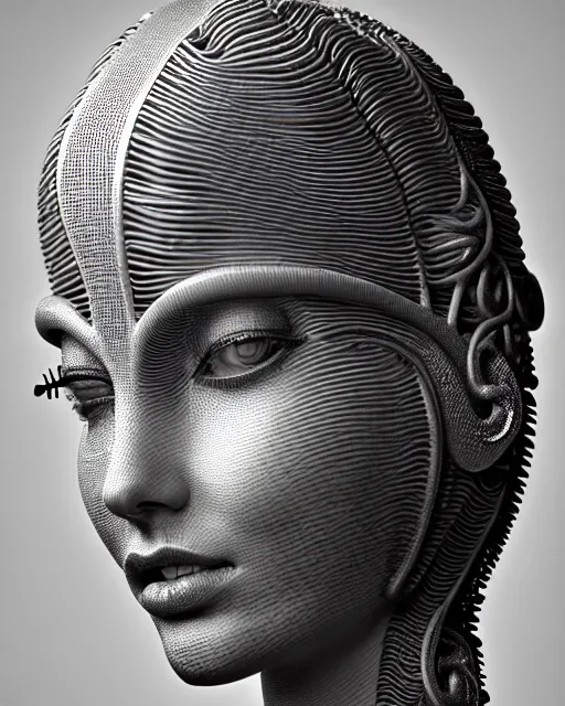 Image similar to mythical black and white organic bio-mechanical spinal ribbed profile face portrait detail of mechanical beautiful female angelic-vegetal-cyborg, highly detailed, intricate steampunk ornate, poetic, 3D render, digital art, octane render, 8K artistic photography, photo-realistic, by Dora Maar