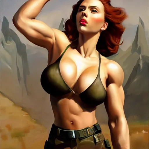 Image similar to greg manchess portrait of scarlett johansson as roided thick very muscular female bodybuilder lara croft, fantasy, medium shot, asymmetrical, profile picture, organic painting, sunny day, matte painting, bold shapes, hard edges, street art, trending on artstation, by huang guangjian and gil elvgren and sachin teng