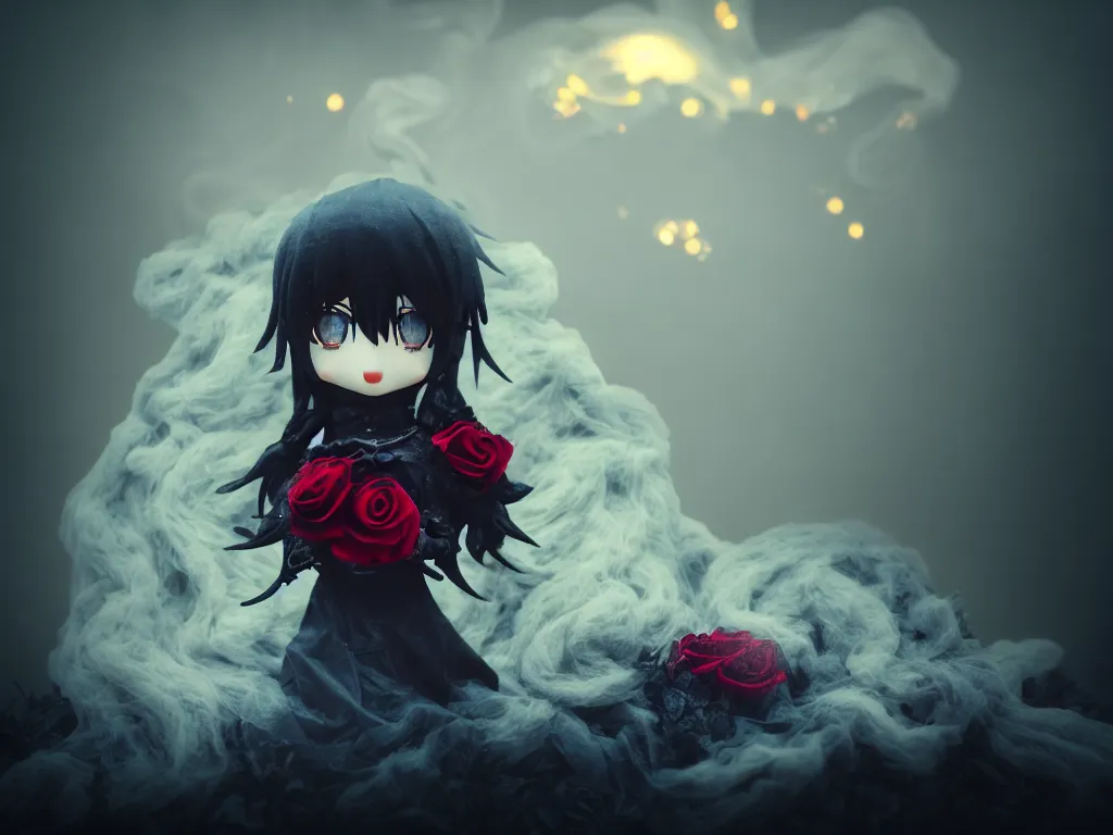 Image similar to cute fumo plush of a gothic maiden girl clutching lots of decayed roses, stale twilight, swirling vortices of emissive smoke and volumetric fog over the river, bokeh, vignette, vray