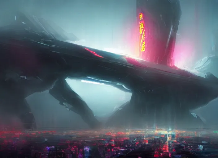 Prompt: large android like creature appearing through the fog which half covers a futuristic city. explosions, ultra wide angle, panoramic, colourful painting, detailed art by stephen martiniere, 8 k resolution