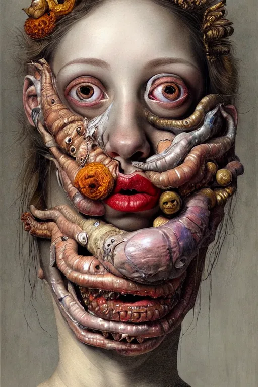 Image similar to Detailed maximalist portrait with large lips and eyes, scared expression, with extra flesh, HD mixed media, 3D collage, highly detailed and intricate, surreal illustration in the style of Jenny Saville, dark art, baroque, centred in image