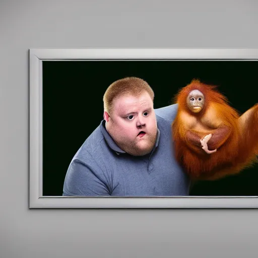 Image similar to fat northern english man looking very confused, staring at a picture of an orangutan, very detailed, 4 k, studio lighting