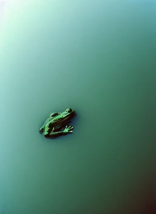 Image similar to “semitranslucent smiling frog amphibian vertically hovering over misty lake waters in Jesus Christ pose, low angle, long cinematic shot by Andrei Tarkovsky, paranormal, eerie, mystical”