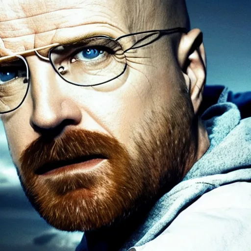 Image similar to Live Action Still of Aaron Paul dressed as and playing Walter White in Breaking Bad, real life, hyperrealistic, ultra realistic, realistic, highly detailed, epic, HD quality, 8k resolution, body and headshot, film still