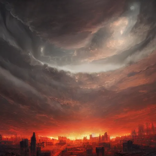 Image similar to an ancient city on fire, firestorm, a black sphere void in the center of the sky, stormy clouds, wide perspective, low perspective, burning village, highly detailed digital art, cinematic, dark moody colors, hyper realism, oil on canvas, trending on Artstation, octane render