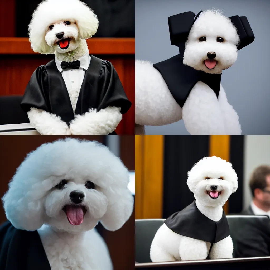 Prompt: a closeup photorealistic photograph of a cute smiling white bichon frise judge wearing a black gown and speaking to the courtroom. this 4 k hd image is trending on artstation, featured on behance, well - rendered, extra crisp, features intricate detail, epic composition and the style of unreal engine.