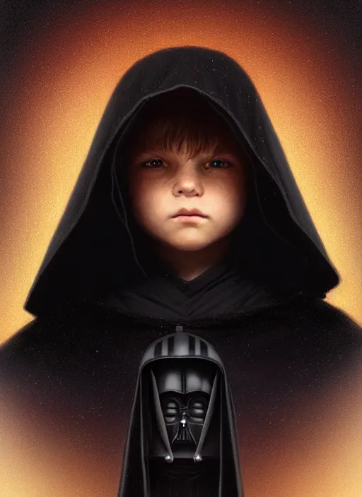 Prompt: perfectly - centered - portrait of a kid wearing black cloak holding light saber, intricate, highly detailed, digital painting, artstation, concept art, smooth, sharp focus, illustration, unreal engine 5, 8 k, art by artgerm and greg rutkowski and alphonse mucha and sam spratt