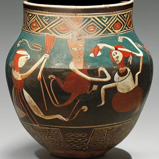 Prompt: medium-shot studio photo of an ancient greek vase with frogs and ornaments, British museum,