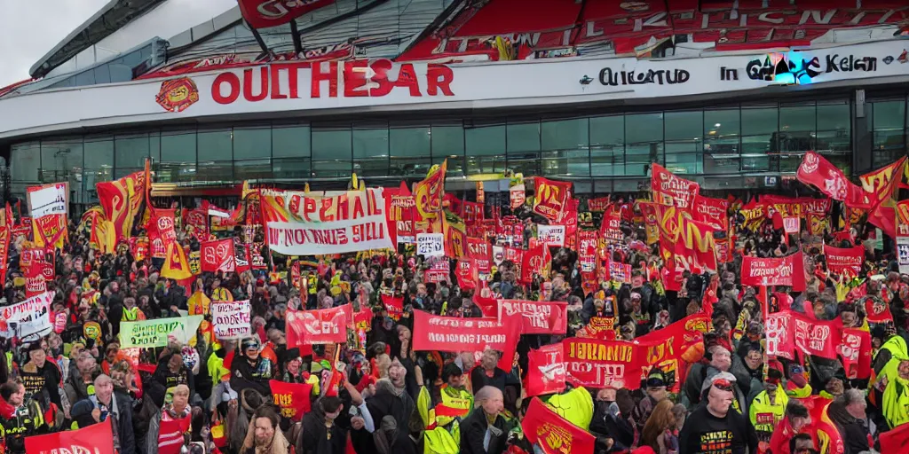 Image similar to # glazersout protests outside old trafford theatre of dreams against the glazers, # glazersout, chaos, protest, banners, placards, burning, pure evil, 8 k, by stephen king, wide angle lens, 1 6 - 3 5 mm, symmetry, cinematic lighting