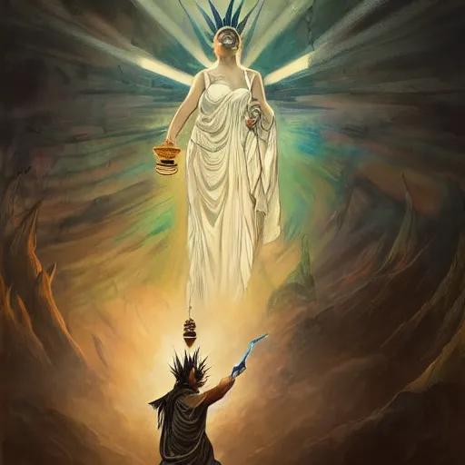 Prompt: detailed full body concept art illustration oil painting of Mayor Pete Executing Lady Liberty, oriental art nouveau, frock, mid body, radiant halo of light, black gold smoke ink, peter mohrbacher, artgerm