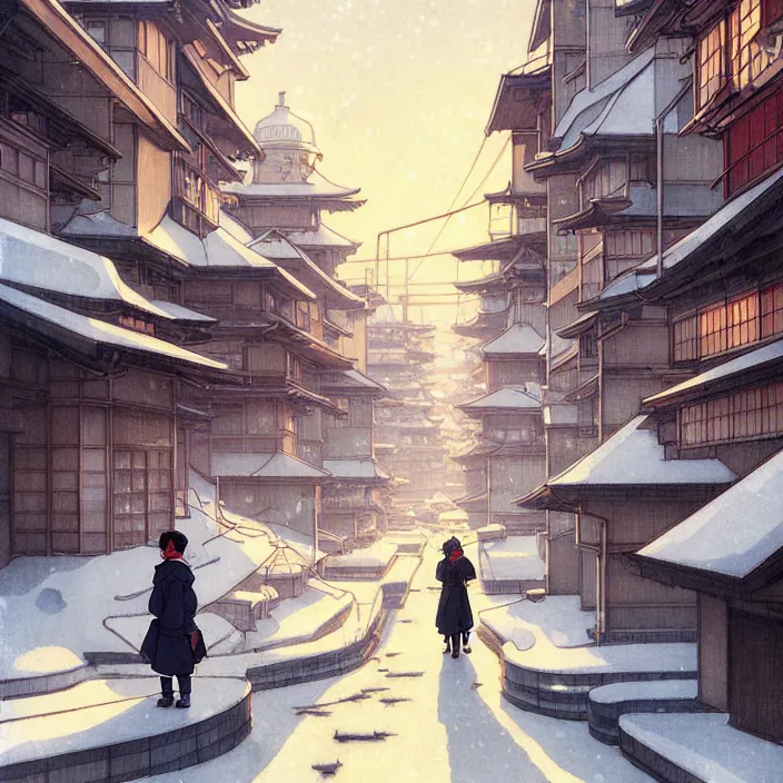 Image similar to empty japanese big city, winter, in the style of studio ghibli, j. c. leyendecker, greg rutkowski, artem