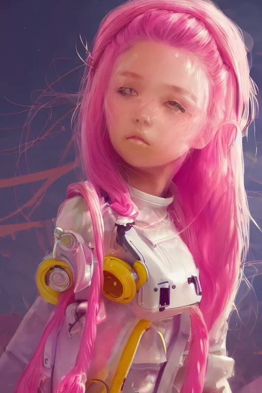 Image similar to a cute girl, pink hair covered with hairpins, big eyes ， yellow inflatable loose plastic cyber technology jacket, huge jet rocket engine backpack, fantasy art by guweiz, sleek curves, intricate sharp focus, trending on artstation hq, deviantart, pinterest, unreal engine 5, highly detailed, 4 k uhd image