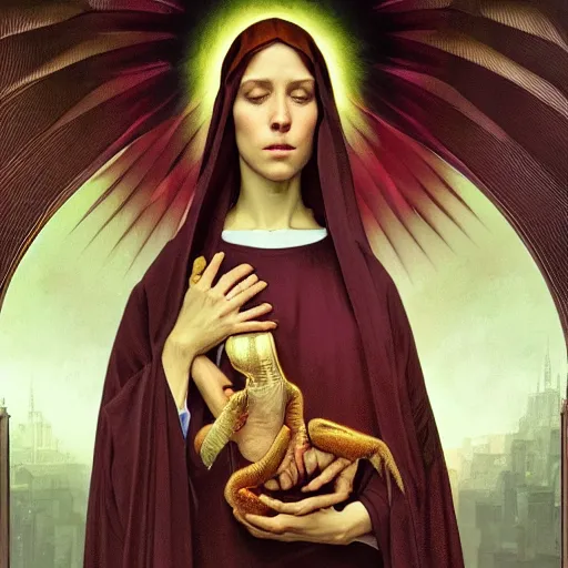 Image similar to the virgin mary holding a reptile, no baby, no baby, highly detailed, digital painting, concept art, smooth, sharp focus, illustration, surrealist, absurd, humorous, photoshop, art by artgerm and greg rutkowski and alphonse mucha