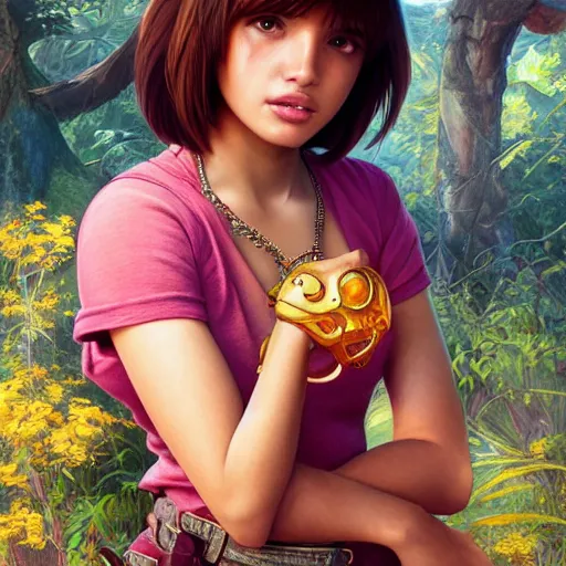 Image similar to ultra realistic illustration, bella thorne as dora the explorer anime, intricate, elegant, highly detailed, digital painting, artstation, concept art, smooth, sharp focus, illustration, art by artgerm and greg rutkowski and alphonse mucha and wlop