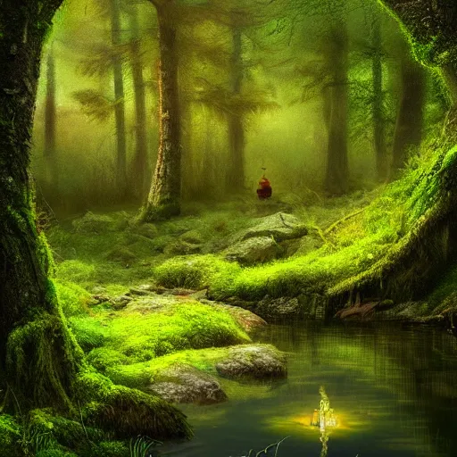 Prompt: a small hidden lake in the forest, moss, rocky landscape, fairytale, digital art, highly detailed, HD, trending on artstation, mystical, fireflies, ethereal, beautiful