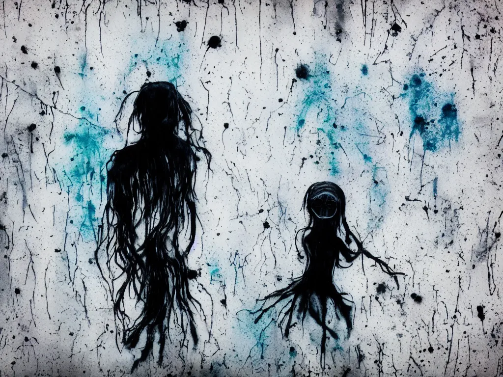 Prompt: ghost wraith apparition caught on camera, graffiti, cute fumo plush gothic black enigmatic maiden girl painted in spilt ink and washed watercolor, minimalist avant garde pop art, filmic, vignette, captured on canon eos r 6