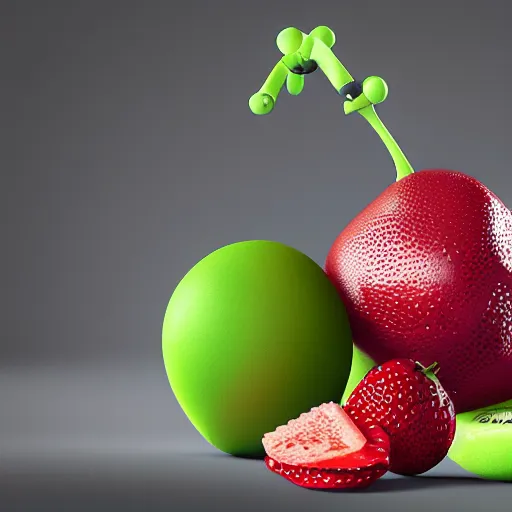 Image similar to fruit robot by go nagai, octane render, hyperrealistic textures