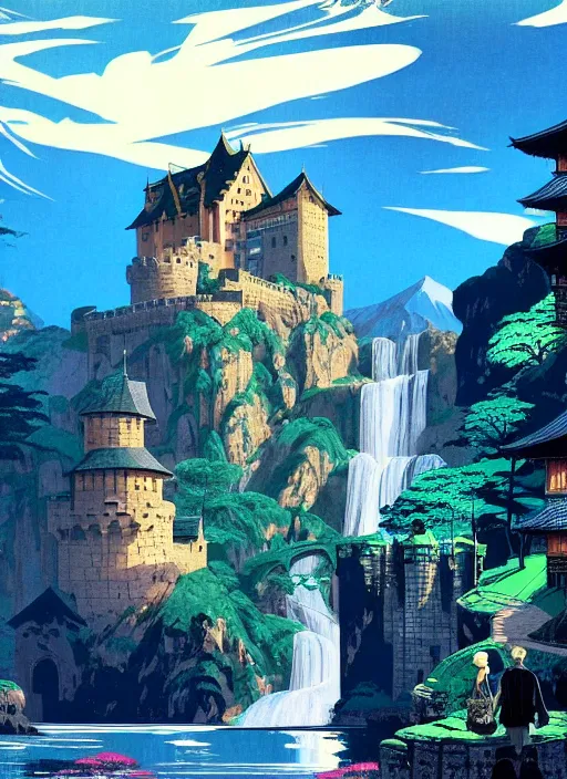 Prompt: magical castle, waterfall, river, mountain, scenery wallpaper aesthetic, lookup view, beautiful, cinematic, dramatic, super detailed and intricate, hyper realistic, by koson ohara, by darwyn cooke, by hiroshi yoshida, by kentaro miura