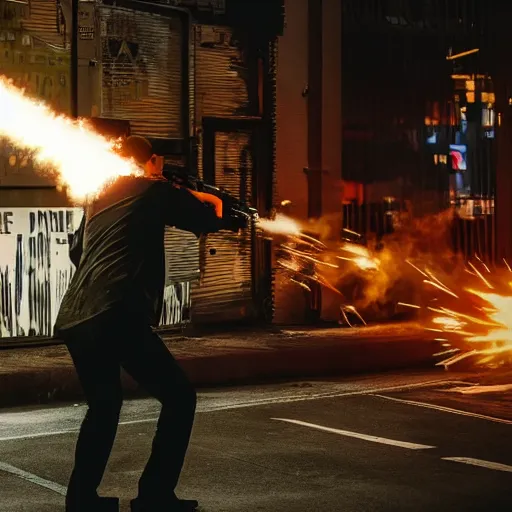 Image similar to a mafia gangster firing ar - 1 5, muzzle flash visible at the end of the barrel, highly detailed, photograph, firepower united, in new york street, cyberpunk
