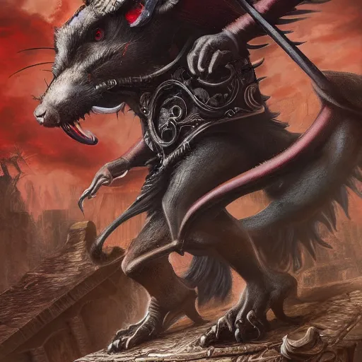 Image similar to anthropomorphized rat musketeer challenging gigantic beast, concept art, insanely detailed and intricate, hypermaximalist, elegant, ornate, hyper realistic, super detailed, tribal red atmosphere, art deco, cinematic, trending on artstation, magic the gathering artwork, cinematic, dramatic artwork