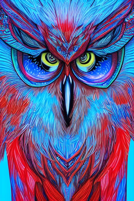 Image similar to glowing owl, blue and red colours, highly detailed, digital art, sharp focus, trending on art station