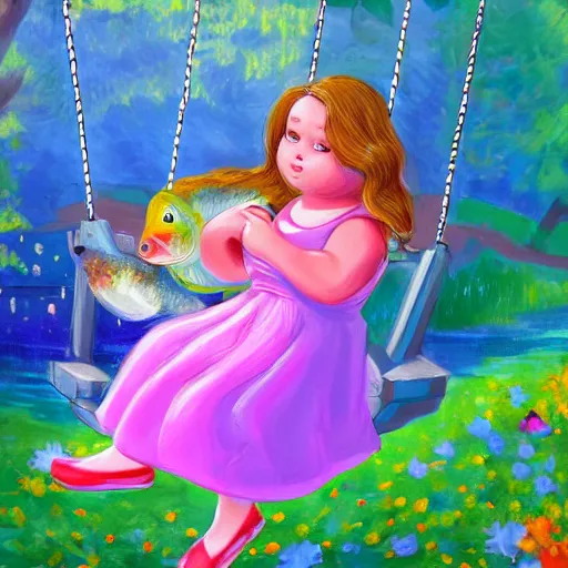 Image similar to spectacular scene of a little fat sweet girl with flowery dress, sitting on a swing and hugging a colorful fish, by the stormy lake. clear beautiful fat face. morning time. an amazingly beautiful scene. beautiful lighting, 4 k post - processing, trending in art station, cg society, highly detailed, 5 k extremely detailed, 3 d. stylize scene.