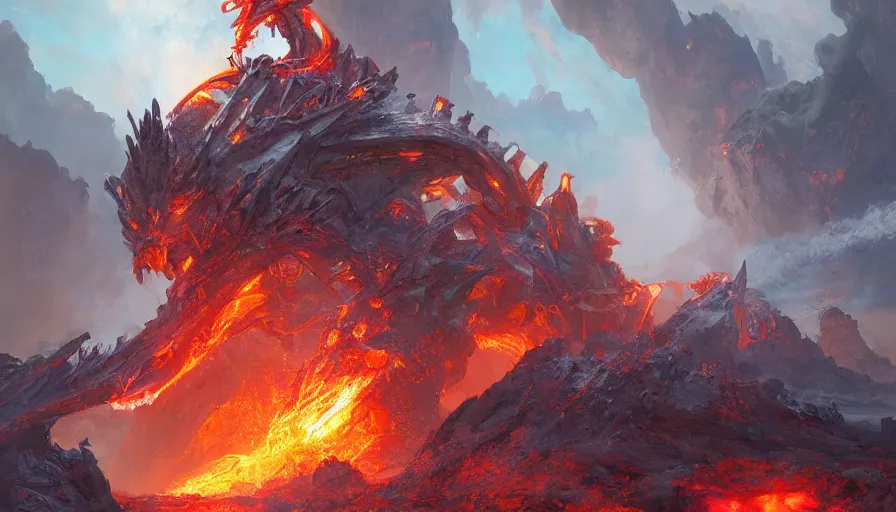 Image similar to a beautiful digital fantasy concept art of a giant electric cyborg dragon sitting on a molten rock, concept art by tyler edlin, james gurney, highly detailed, oil on canvas