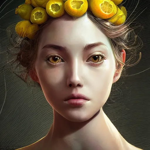 Prompt: the portrait of a lemon that resembles an absurdly beautiful, graceful, elegant, sophisticated, lovely young woman, an ultrafine hyperdetailed illustration by kim jung gi, irakli nadar, intricate linework, bright colors, octopath traveler, final fantasy, unreal engine 5 highly rendered, global illumination, radiant light, detailed and intricate environment