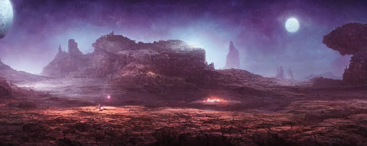 Image similar to ” otherwordly barren landscape at night, [ cinematic, detailed, epic, widescreen, opening, establishing, mattepainting, photorealistic, realistic textures, octane render, art by slop and paul lehr ] ”