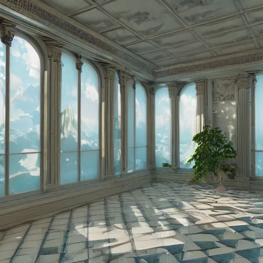 Image similar to vaporwave mansion, liminal space, high detail, rendered in unreal engine, 3d render, god rays, volumetric lighting, large windows, baroque, vegetation