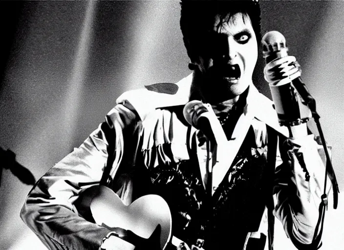 Image similar to Creepy found footage of zombie Elvis performing on stage in an empty stadium