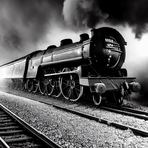 Prompt: A hyperdetailed photograph of the Flying Scotsman on the rails producing lots of black smoke in an old timey city, night, dense fog, rain, HD, 8K resolution