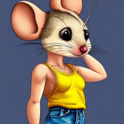 Image similar to anthropomorphic mouse wearing denim short shorts and yellow tank top, short blond fur, highly detailed, artgerm style, artstation, soft light, sharp focus, illustration, character design, concept art