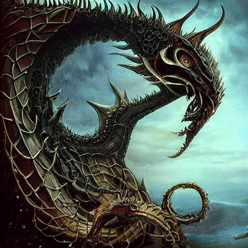 Image similar to a dark entropy dragon, detailed, fantasy, scary, realistic, frightening, ornate, horns, spikes, incredible, masterpiece, amazing, wow!, sense of awe, award winning, greg rutowski, bosch, dali