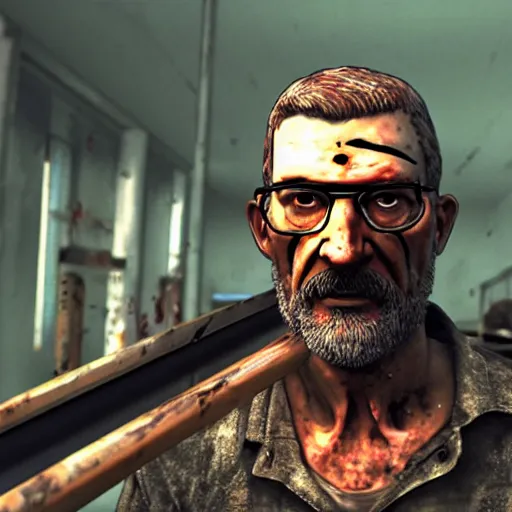 Image similar to a still of Gordon Freeman holding a crowbar in the Walking Dead, 4k, cinematic, hyperdetailed