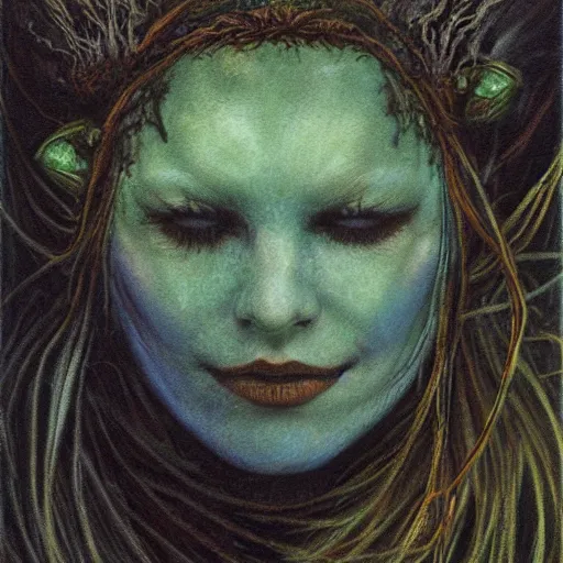 Prompt: smirking rusalka of the blighted swamp, aquiline features, black shimmering hair, by brian froud, cold secondary colors, oil on canvas