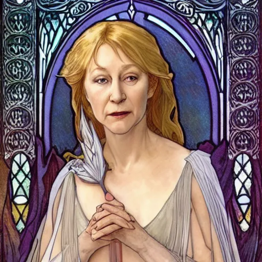 Image similar to helen mirren as galadriel, mucha style,