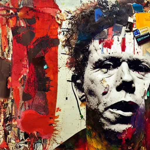 Image similar to hyperrealistic, photorealistic, mixed media oil painting of tom waits, magazine scraps, plaster, blood, oil, mustard, splatter, greg rutkowski, basquiat, ralph steadman, wesley kimler, terry gilliam, andy warhol, dali