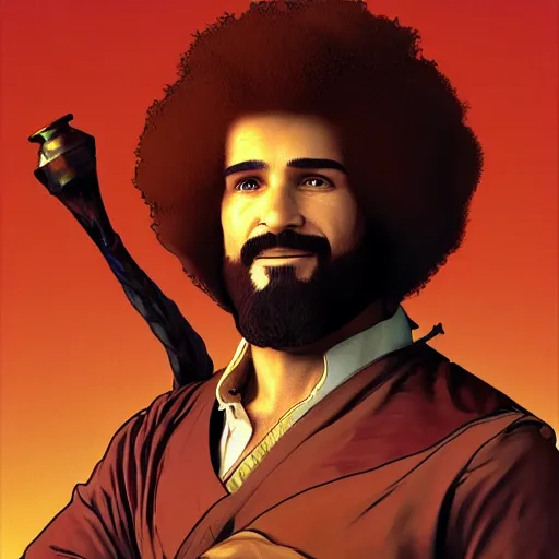 Prompt: an ultra detailed vector image of bob ross dressed as the prince of persia, concept art by alphonse mucha and greg rutkowski, bright red desert sands, bright yellow and red sun, octane render, praise the sun