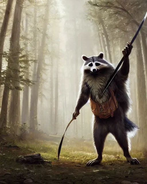 Prompt: oil painting of Anthropomorphized Racoon, holding spear, wearing hunter coat, proud look, full body, sharp focus, fantasy style, octane render, volumetric lighting, 8k high definition, by greg rutkowski, highly detailed, trending on art Station, magic the gathering artwork, woodland backround