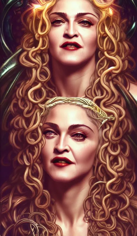 Image similar to Madonna, the singer, as Medusa snakehair closeup, D&D, fantasy, intricate, elegant, highly detailed, digital painting, artstation, concept art, matte, sharp focus, illustration, hearthstone, art by Artgerm and Greg Rutkowski and Alphonse Mucha tarotcard