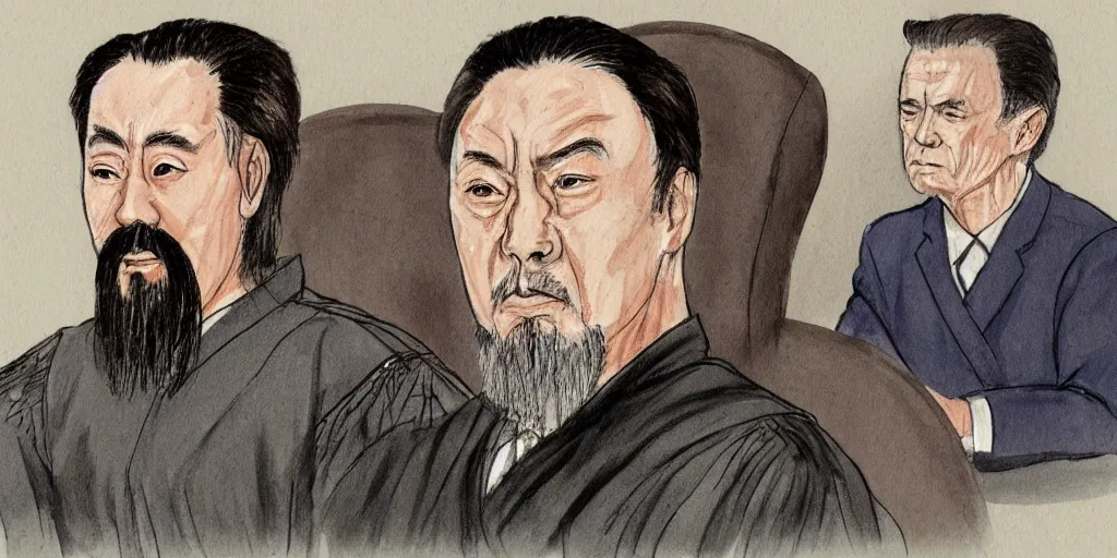 Prompt: Confucius and jury trial, a few suits afar, in the american courtroom sketch by Christine Cornell by Batton Lash by John M. Downs by Leo Hershfield, judge with face of clint eastwood, concept art