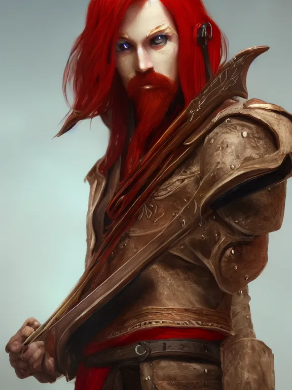 Image similar to Red Headed Slender Male Bard looking Shifty, RPG Character Reference, Oil Painting, Trending on Artstation, octane render, Insanely Detailed, 8k, HD